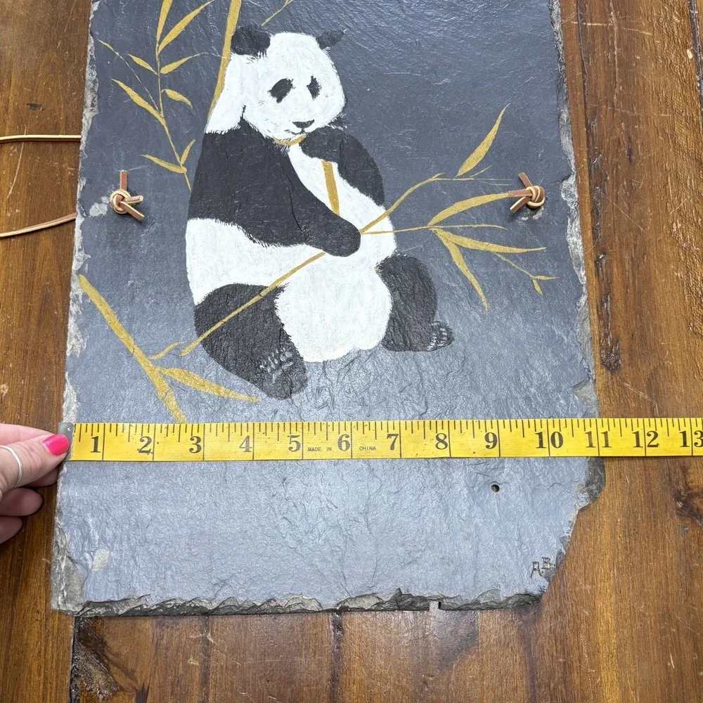 Vtg Stone Slate Hand Painted Panda Bear Bamboo Hanging Wall Decor 20